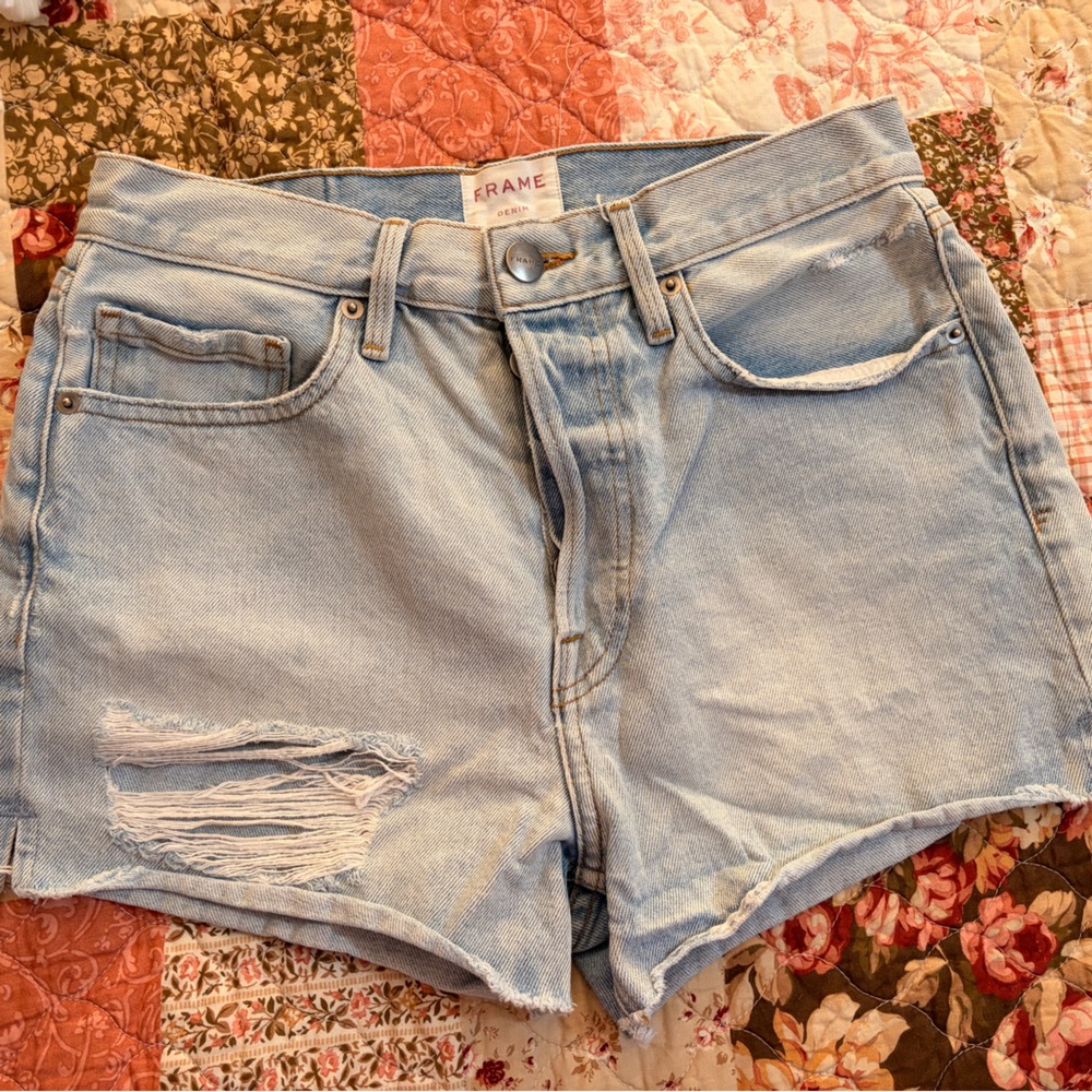 Frame Denim Light Wash Distressed Jean Shorts